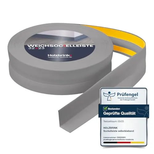 HOLZBRINK Weichsockelleiste selbstklebend PVC 32x23mm, 5 m | Küchenleiste Arbeitsplatte | Abschlussleiste selbstklebend für Badezimmer | Farbe: Hellgrau