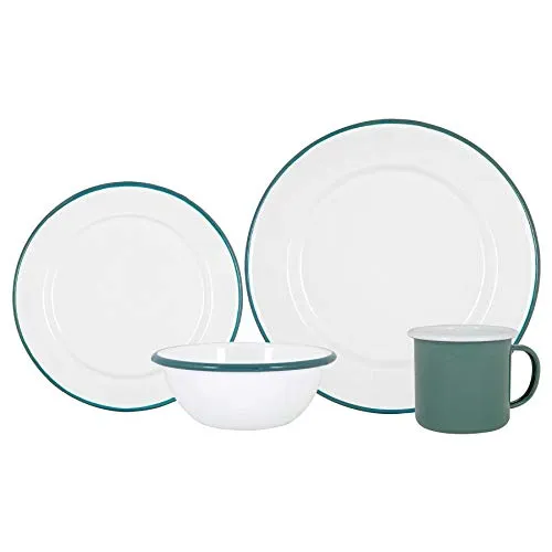 Argon Tableware Weißes Emaille -Abendessen - 25,5cm - 16pc - Grün