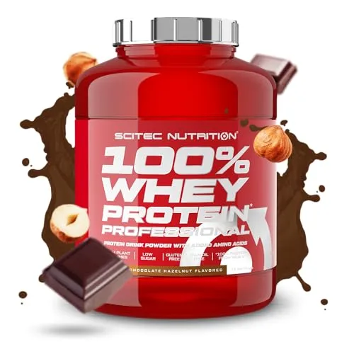 Scitec Nutrition 100% Whey Protein Professional 2350g Pulver - Whey Protein Pulver in Schokolade Haselnuss, ideal für Muskelaufbau und Regeneration, angereichert mit Aminosäuren und Verdauungsenzymen für optimale Nährstoffaufnahme.