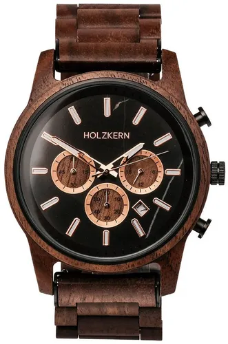 Holzkern Quarzuhr Buschwerk Walnuss/Marmor - Edle Armbanduhr für Männer mit präzisem Quarzwerk, schwarzem Marmor-Zifferblatt und robustem Walnussholz-Gehäuse. Ideal für stilbewusste Träger.