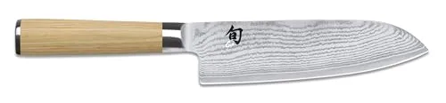 KAI Shun Classic White Santoku 18 cm - Hochwertiges Damastmesser - Kochmesser aus 32 Lagen Damaszenerstahl mit VG-MAX Kern, ergonomischer Pakkaholzgriff für beste Kontrolle. Ideal für präzises Schneiden von Fleisch, Gemüse und Fisch.