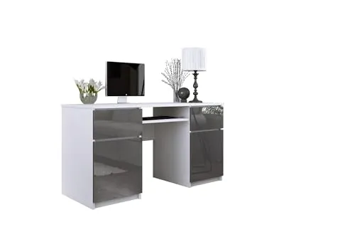 3E 3xE living.com Computertisch, Farbe: Weiß/Grau Hochglanz, D:B:135 cm, H:77 cm, T:50 cm