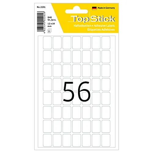 TopStick 2201 Vielzweck-Etiketten, 840 Stück, 12 x 18 mm, 56 pro Bogen, selbstklebend, Haushaltsetiketten zum Beschriften, matt, blanko Papier Klebeetiketten Aufkleber, weiß
