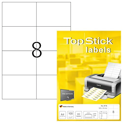 TopStick 8716 Universal Etiketten, 100 Blatt, 105 x 74 mm, 8 pro A4 Bogen, 800 Stück, selbstklebend, bedruckbar, matt, blanko Papier Klebeetiketten Aufkleber, weiß