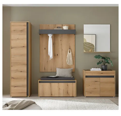 Lomadox Garderoben-Set CRISP-61, (Spar-Set, 5-St., Garderobenpaneel Schuhbank Spiegel Kommode Flurschrank), Eiche Nb. mit anthrazit, grifflos, Spiegelfläche