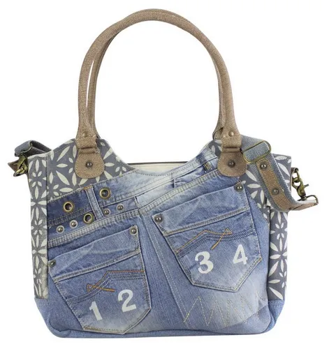 Sunsa Damen Nachhaltige Handtasche - Damen-Schultertaschen aus recycelten Jeans und Leder, vielseitig tragbar als Schulter-, Hand- oder Umhängetasche, ideal für viele Anlässe mit einem Volumen von ca. 11 Litern.