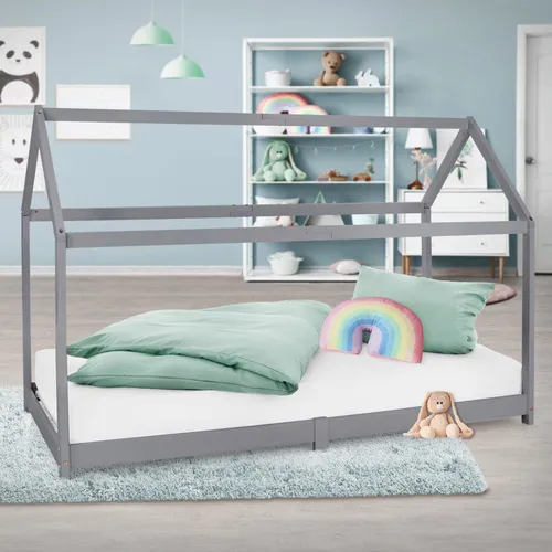 ML-Design Kinderbett 90x200 cm mit Dach - Hausbett aus massivem Kiefernholz für Kinder von 3 bis 10 Jahren, bietet eine gemütliche Schlafumgebung und kreative Dekorationsmöglichkeiten.