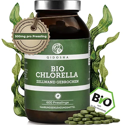 QIDOSHA® Bio Chlorella Presslinge 600 Stk - Hochwertiges Superfood - Pflanzliches Ergänzungsmittel Chlorella - 100% natürlich mit aufgebrochener Zellwand für hohe Bioverfügbarkeit und reich an Mikronährstoffen in nachhaltigem Glas.
