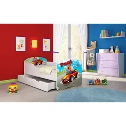 ACMA I Jugendbett Kinderbett Junior-Bett Komplett-Set mit Matratze Lattenrost Weiß 03 Racing Car 160x80 + Bettkasten - Weiß