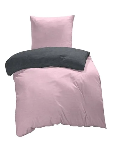 one-home Winter Biber Bettwäsche Meliert, 155x220 cm - Kuschelige Flanell-Bettwäsche in Rosa/Anthrazit, ideal für kalte Nächte, mit hohem Baumwollanteil für angenehme Wärme und Komfort.