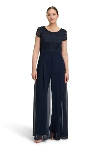 Vera Mont Damen Overall in Blau, Größe 48 - Eleganter Jumpsuit für besondere Anlässe mit Chiffon Überrock, Schrittlänge 78 cm und Fussweite 50 cm. Perfekte Kombination aus Stil und Komfort.