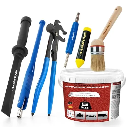 HASKYY Montagepaste Weiss 5kg Set für Reifenmontage - Schmiermittel-Set für professionelle Reifenmontage, inklusive Pinsel und Ventilwerkzeugen für eine mühelose Anwendung und Reinigung.