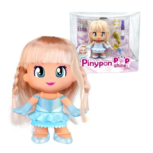 Pinypon Pop & Shine Fairy Tales, 17 cm Figur zum Kämmen, echtes Haar zum Schmücken und Verwandeln der Figur in eine Prinzessin, inkl. Glitzerstift, Kristalle und Kamm, +4 Jahre, Famosa (PNY79000)