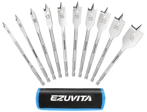 EUVITA 10-teiliges Spatenbohrer-Set für Holz, 152mm, Flachbohrer aus Kohlenstoffstahl für Lochschnitte von 6 mm bis 32 mm, Schnellwechsel-Sechskantschaft, inklusive Aufbewahrungstasche