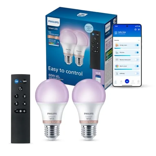Philips Smart Lighting, 2 Smart LED RGB A60-Lampen mit Fernbedienung, E27-Sockel, 806 lm, farbiges und weißes Licht (2200–6500 K), niedrig dimmbar, kompatibel mit WiZ, Alexa, Google Home, Apple Home