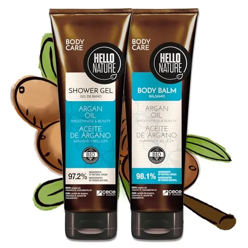 Naturkosmetik Arganöl Körperpflege Set - Duschgel & Body Balm mit marokkanischem Arganöl, vegan & Silikonfrei - Feuchtigkeitsspendende Körperpflege für geschmeidige Haut - Pflege für trockene Haut