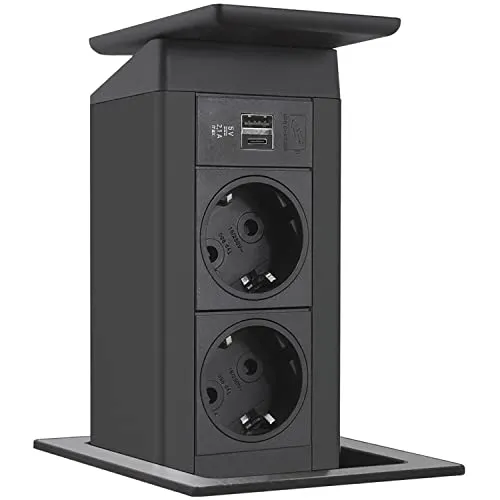 EVOline Port Push Edelstahl Charger mit Wippdeckel - Steckdosen & Zubehör mit Push-to-Open Funktion für einfachen Zugang zu 2 Schuko, USB-A und USB-C, ideal für moderne Arbeitsplätze.