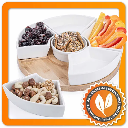 Serviertablett mit Porzellan Schälchen - 6-teiliges Servierset für Snacks - Servierplatten & -schalen mit 6 Porzellan-Schalen, ideal für Snacks, Spülmaschinenfest und Kühlschrankgeeignet, perfekt für Tapas und Dips.