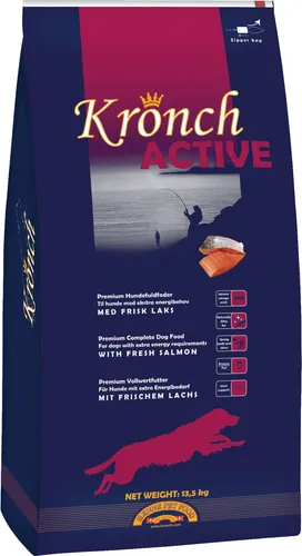 Henne Pet Food Kronch Active Trockenfutter 13,5kg - Hundefutter für aktive Hunde mit hohem Energiebedarf. Enthält frischen Lachs, hohe Proteinwerte und Omega-3-Fettsäuren für gesunde Gelenke und glänzendes Fell.