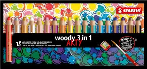 Stabilo Buntstifte woody 3 in 1 ARTY, 18 Stück - Schreibutensilien mit 3 in 1 Funktion: Buntstift, Wassermalfarbe und Wachsmalkreide. Ideal für kleine Kinderhände, bruchsichere XXL-Mine und hohe Farbintensität.