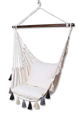 Hängesessel creme mit grauen Quasten – Boho-Style - Hängesessel im Boho-Style, mit handgearbeiteten Quasten für ultimativen Sitzkomfort und Entspannung. Perfekt für Terrasse, Wohnung oder Garten, verwandelt jeden Raum in eine Wohlfühloase.