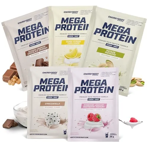 Energybody® Mega Protein Pulver Probierpaket 2-5x25g - Mehrkomponenten Protein mit Casein Whey Mix als Eiweiss Protein Pulver/Proteinpulver Probierpackung/Eiweißpulver Probierset