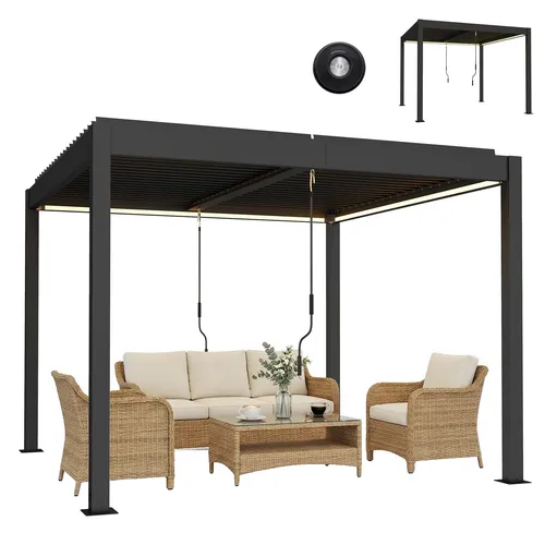 Aluminium Pergola 3x3 m mit LED-Beleuchtung und Fernbedienung
