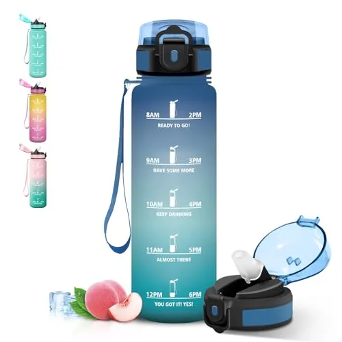 Grsta Wasserflasche 1l, Auslaufsichere Trinkflasche mit Zeitmarkierung und Schnürung, Trinkflasche Sport mit Strohhalm, Flasche mit Sichere Verriegelung für Uni, Arbeit, Fitness