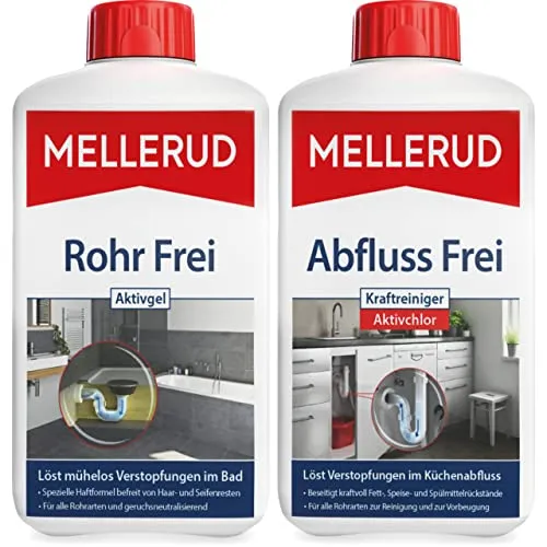 Mellerud Rohr und Abfluss Frei Set – Leistungsstarke Abflussreiniger gegen Verstopfungen und Gerüche in Rohren und Abflüssen – Set mit 2 Produkten
