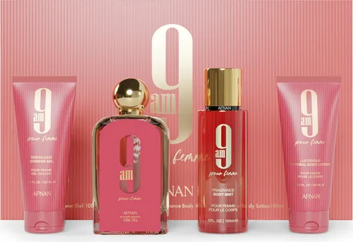 Afnan 9 am Pour Femme Set – EDP, Duschgel, Bodyspray & Body Lotion - Elegantes Geschenkset mit 100 ml EDP, 100 ml Duschgel, 150 ml Bodyspray und 100 ml Body Lotion. Ideal für die tägliche Körperpflege und verwöhnt die Sinne.