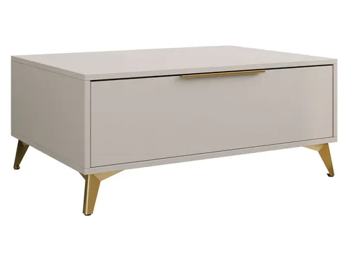MIRJAN24 Couchtisch Xylix mit Schublade - Eleganter Couchtisch in Sandbeige mit goldenen Metallfüßen, ideal für stilvolle Wohnzimmer. Schnelle Lieferung innerhalb von 5 Tagen.