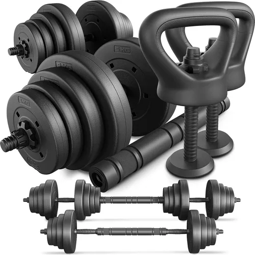 TREX SPORT Hanteln Set | 4in1 Kurzhanteln, Langhantel, Liegestütze & Kettlebell | 20kg-40kg - Hantelsets für vielseitiges Training im Home Gym. Mit 16 Gewichtsscheiben und doppeltem Sicherheitssystem für maximale Sicherheit und Flexibilität beim Training.