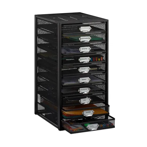 Relaxdays Schubladenbox mit 10 Fächern - Utensilienschalen für DIN A4 Dokumente, perfekt zur optimalen Organisation Ihres Schreibtischs mit viel Platz und praktischen Beschriftungsschildern.