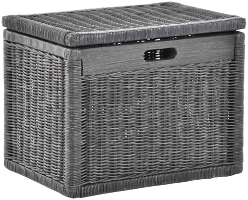 Korb mit Deckel Rattan geflochten - Royal Schwarz, Groß - Eleganter Aufbewahrungsbehälter mit Klappdeckel aus handgefertigtem Rattan, ideal für Badezimmer oder Wohnzimmer. Maße: 43cm x 32cm x 34cm, bietet stilvolle Ordnung.