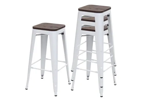 PROREGAL 4er-Set Barhocker mit Holz-Sitzfläche und Metallgestell, 76cm Sitzhöhe, stapelbar, Weiß