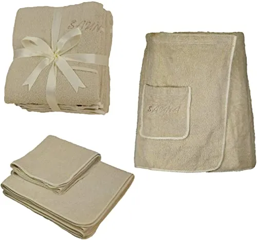 EXKLUSIV HEIMTEXTIL Sauna Set 3-Teilig Frottee - Saunatücher Set für Herren, inklusive Saunakilt und Handtüchern aus hochwertigem Frottee (500 g/m²) in Beige, ideal für Komfort und Stil beim Saunieren.
