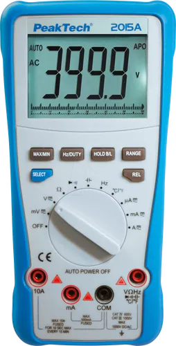 PeakTech Multimeter P 2015A True RMS, 1000 V, 10 A, CAT IV - Digital Multimeter mit True-RMS für präzise Messungen von Spannung, Strom und Temperatur. Ideal für Profis, ausgestattet mit akustischer Durchgangsprüfung und beleuchtetem Display.
