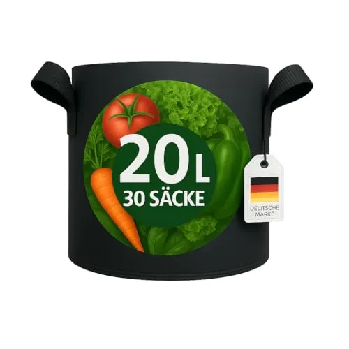 König Design 30x 20L Pflanzsack aus Vlies Stoff - 30er Set - Pflanzenwachstumstaschen für Balkon, Terrasse & Garten. Die atmungsaktiven 20L Pflanzsäcke aus 300 g/m² Vliesstoff fördern optimales Wurzelwachstum und sind leicht transportierbar.