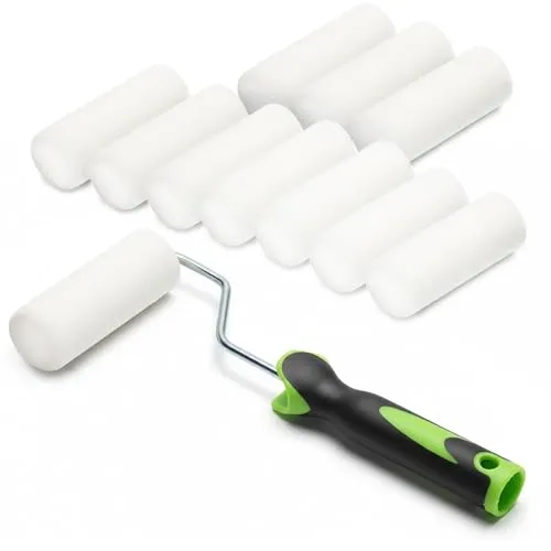 ToolSpace 10x Lackierwalze 11cm mit Griff Superfein Schaumstoffrolle 50 kg/m³ Schaumstoff Dichte Lacke Lasur Acryl Lösungsmittelbeständig Nicht-Aggressive Malerrolle Lackrolle Feinarbeiten Türen Möbel