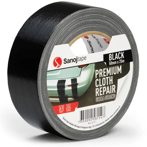 Sanojtape Extra Power Panzertape Schwarz 50mm x 25m Gewebeband zum Reparieren, Befestigen, Bündeln Strong Gaffa Klebeband