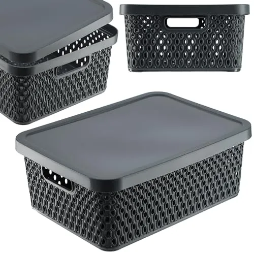 KADAX Aufbewahrungskorb, Korb mit Deckel, Aufbewahrungskiste, Aufbewahrungsbox aus Plastik, Moderner Regalkorb, Behälter mit Lüftungslöchern (12L, Grau)