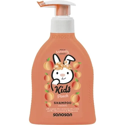 sanosan Shampoo Pfirsich für Kinder & Babys 200 ml - Haarshampoo mit Bio Olivenextrakt & Milchprotein - Haarpflege, Haar Shampoo für Kind & Baby