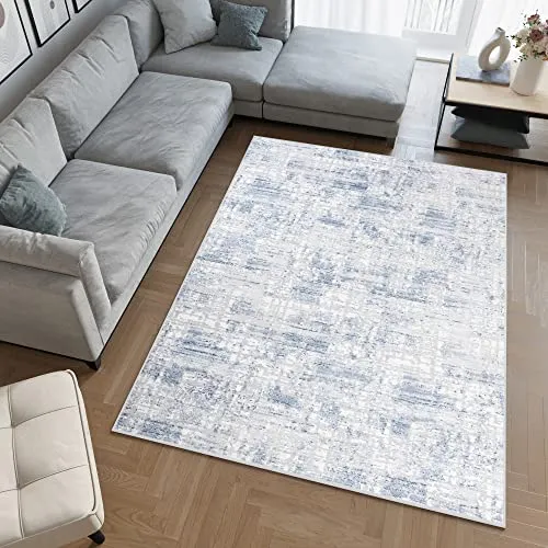 TAPISO Sky Teppich Kurzflor Modern Grau Creme Blau Streifen Patchwork Design Meliert Vintage Wohnzimmer Schlafzimmer 3D Optik ÖKOTEX 90 x 150 cm