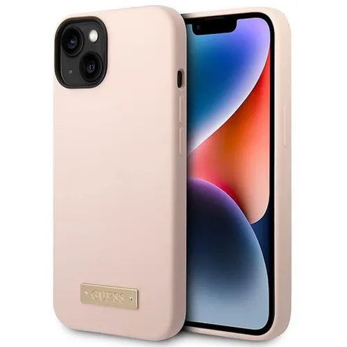 Guess GUHMP14MSBPLP iPhone 14 Plus Hülle - Stylische pinke Silikon-Hülle mit Logo und MagSafe für iPhone 14 Plus, bietet optimalen Schutz und einfachen Zugang zu kabellosem Laden.