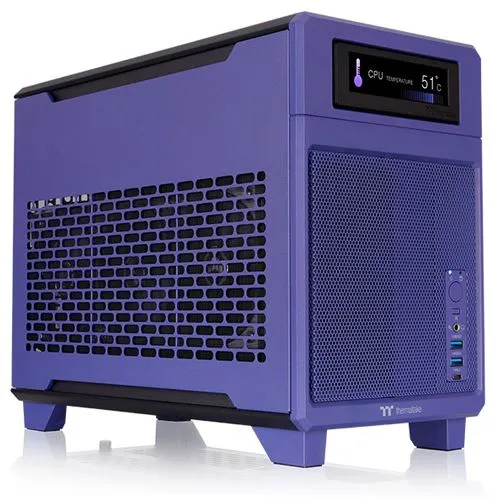 TR100 Tower-Gehäuse in Violett - Mini-ITX Gehäuse mit 2x 2,5 Zoll Einbauschächten, SFX Netzteil und 3 Full-Size-Slots – ideal für kompakte Gaming-Setups.