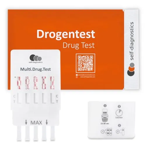self-diagnostics Drogenschnelltest Multi 5 - Nachweis der 5 Drogenarten Kokain, Cannabis (THC), Amphetamin, Opiate/Morphin & Methamphetamin - 5 min Urin Drogentest - Schnelltest - Urintest