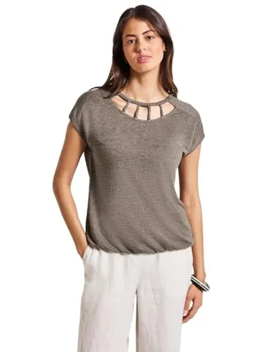 Damen Leinen-Look Shirt mit Cut-Outs - Luftiges Sommertop mit Rundhals und elastischem Bund. Perfekt für warme Tage und vielseitig kombinierbar. Ideal für einen lässigen Look.