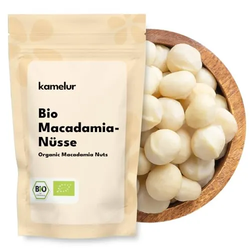 Kamelur BIO Macadamianüsse 1kg - Ganze Nüsse in Rohkostqualität - Bio Macadamianüsse der Klasse 1L, ungesalzen und ohne Zusätze. Ideal für Backen, Kochen oder pur genießen – ein intensives Aroma und knackiger Biss für eine gesunde Ernährung.