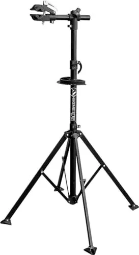 HikeMeister® Fahrradmontageständer Schwarz höhenverstellbar & Klappbar - Fahrrad Montage Ständer - Reparaturständer - belastbar bis 35 kg Schnellspanner – Inkl. Magnetbox – Werkzeugschale- E-Bike MTB