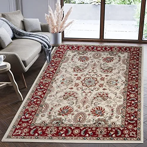Mazovia Orientalischer Teppich - Klassischer Wohnzimmerteppich Rot Creme 120 x 170 cm - Hochwertiger orientalischer Teppich für Wohnzimmer und Esszimmer. ÖKO-TEX zertifiziert, pflegeleicht und langlebig. Er bietet Wärme und Komfort und bereichert jedes Interieur mit seinem eleganten Design.
